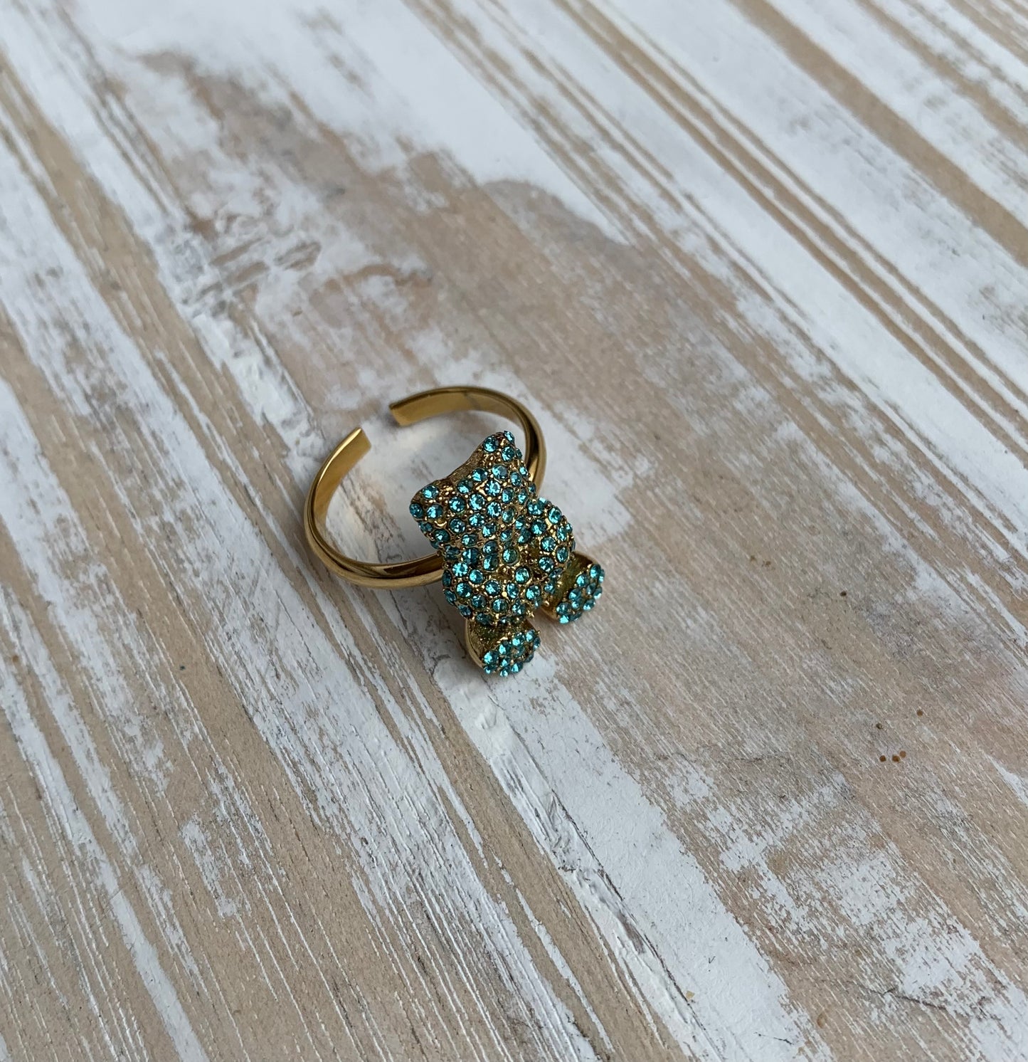 BAGUE NOUNOURS DORÉE STRASS TURQUOISE