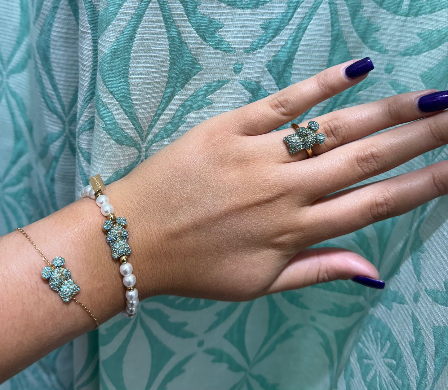 BRACELET NOUNOURS DORÉ STRASS TURQUOISE ET PERLES NACRÉES