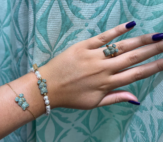 BRACELET NOUNOURS DORÉ STRASS TURQUOISE ET PERLES NACRÉES