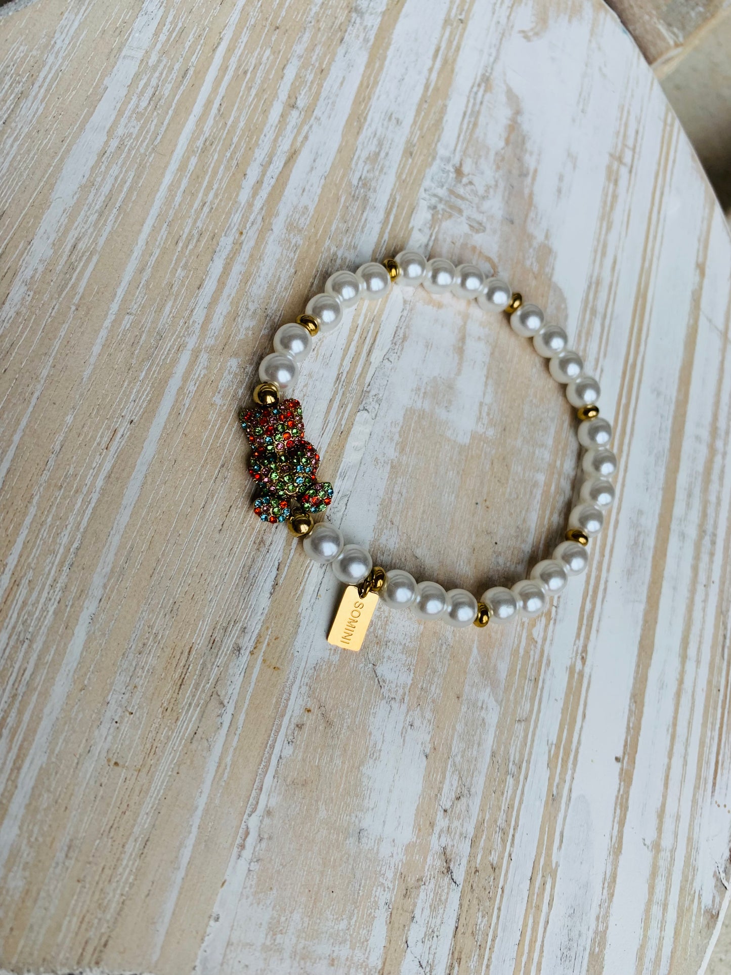 BRACELET NOUNOURS DORÉ STRASS MULTICOLORES ET PERLES NACRÉES