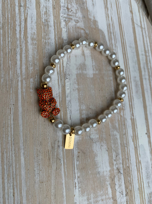 BRACELET NOUNOURS DORÉ STRASS ROUGE ET PERLES NACRÉES