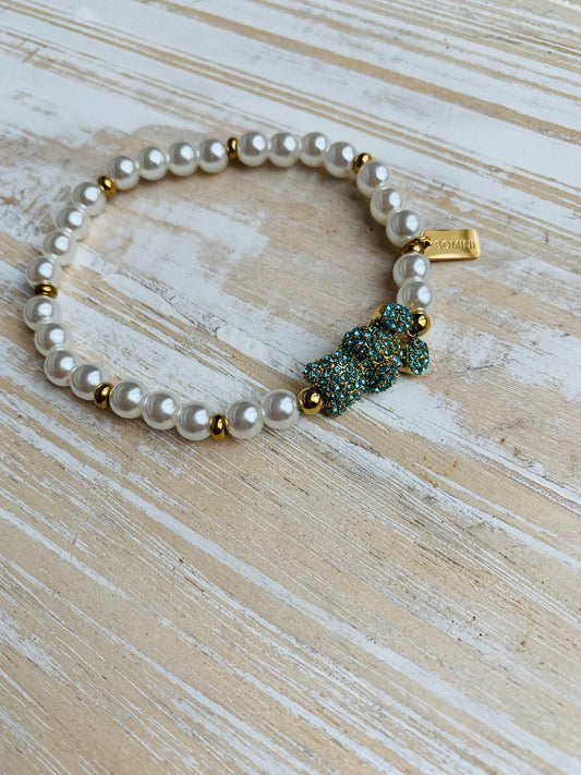 BRACELET NOUNOURS DORÉ STRASS TURQUOISE ET PERLES NACRÉES