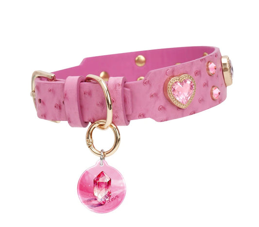 Collier cuir avec cristal Rose et médaille QR code d’identification .