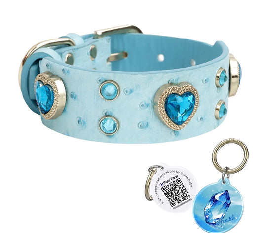 Collier cuir avec cristal bleu menthe et médaille QR code d’identification.