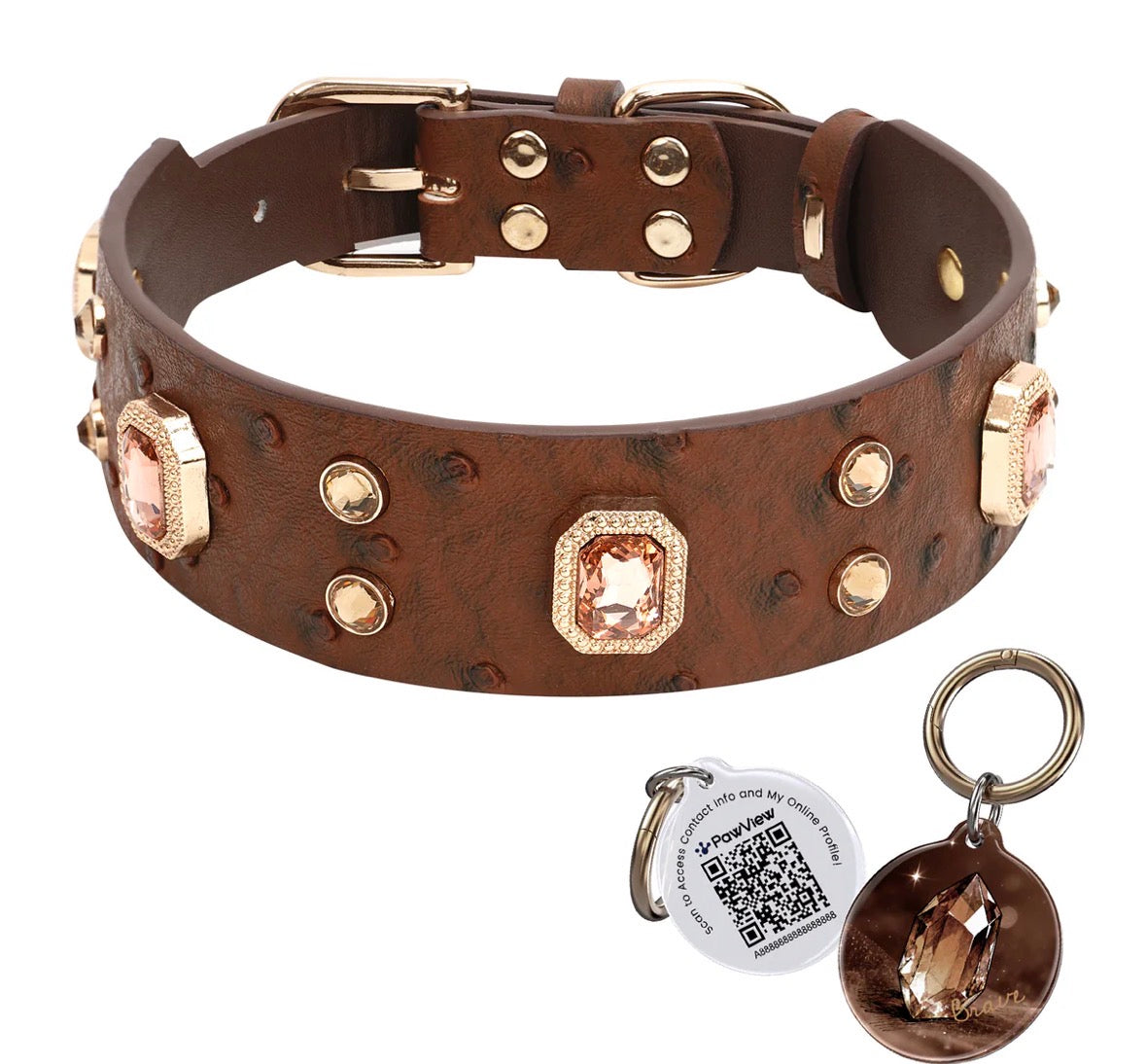 Collier cuir avec cristal chocolat et médaille QR code d’identification.