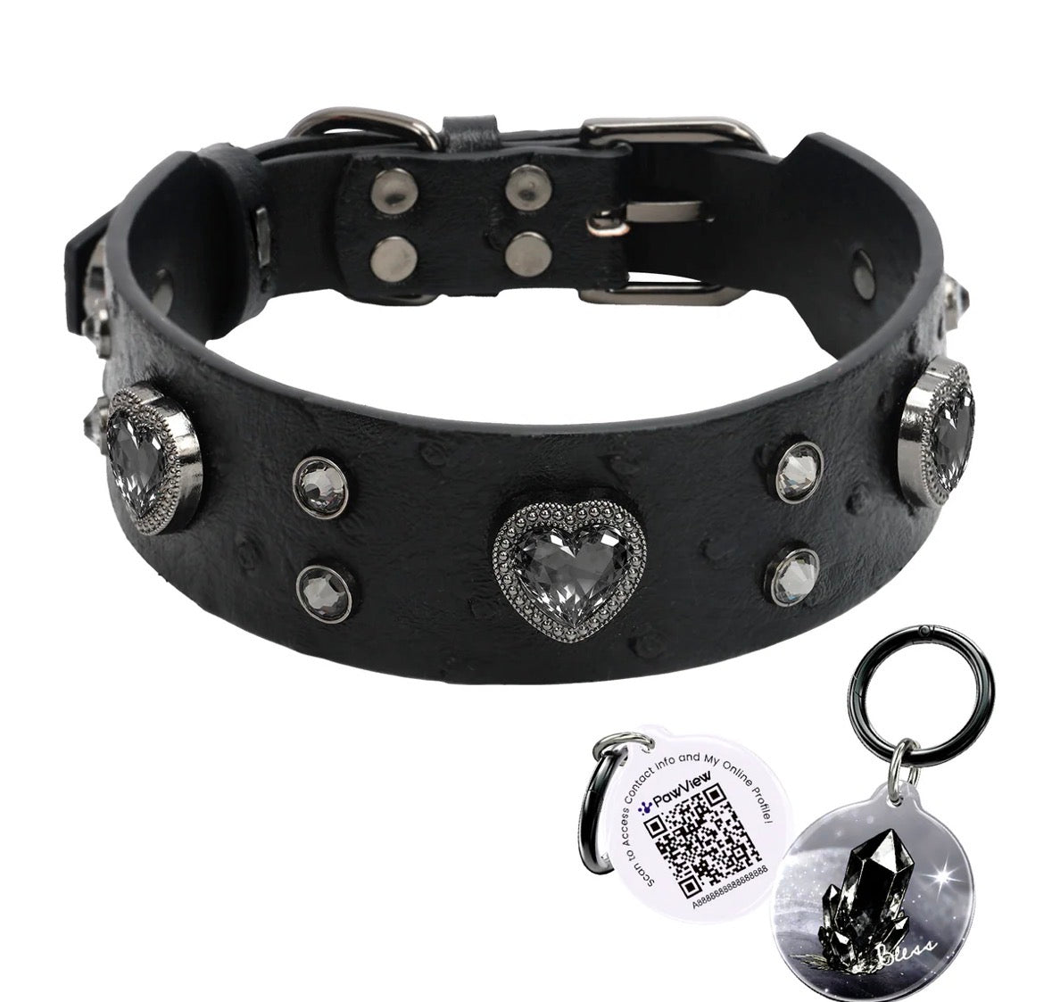 Collier cuir avec cristal Noir et médaille QR code d’identification.