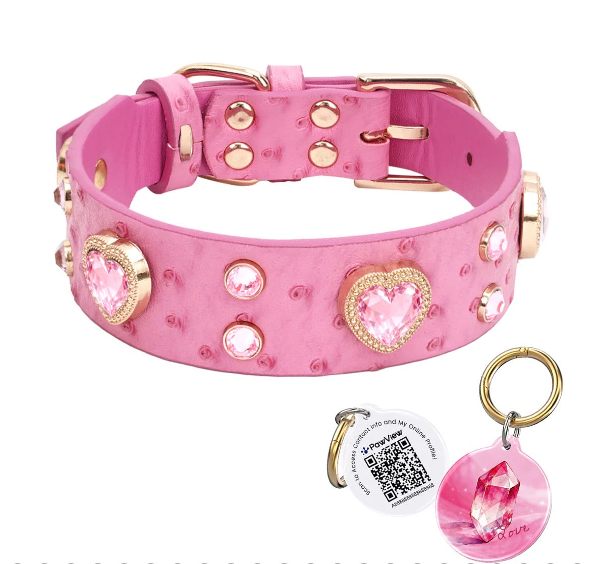 Collier cuir avec cristal Rose et médaille QR code d’identification .