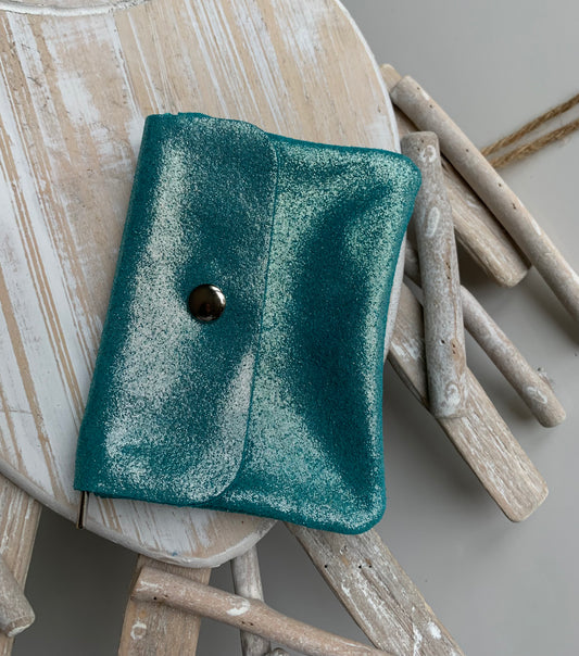 PORTE MONNAIES ET CARTES EN CUIR TURQUOISE BRILLANT